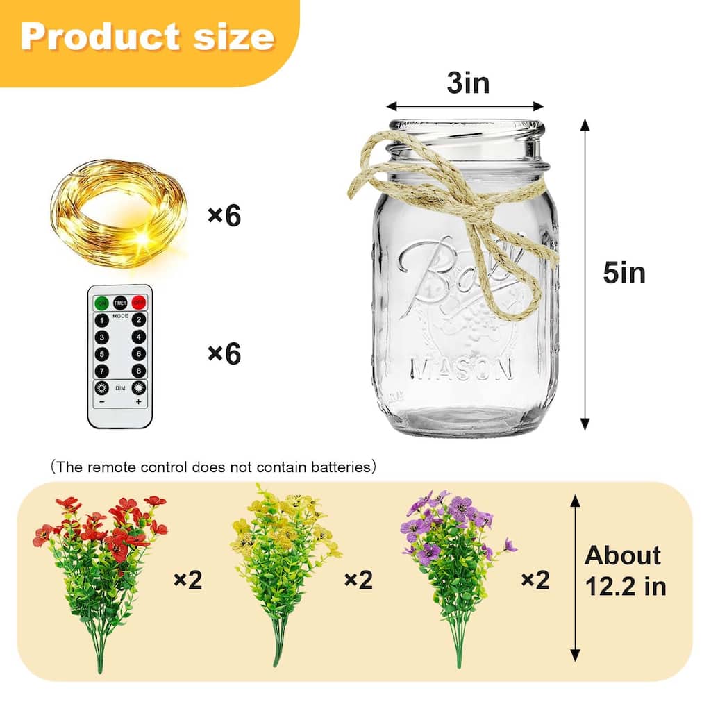 6 PCS Mason Jar Centerpiece for Table, Farmhouse Coffee Table Decor with Colorful Daisy & LED Lights, Summer Decoration