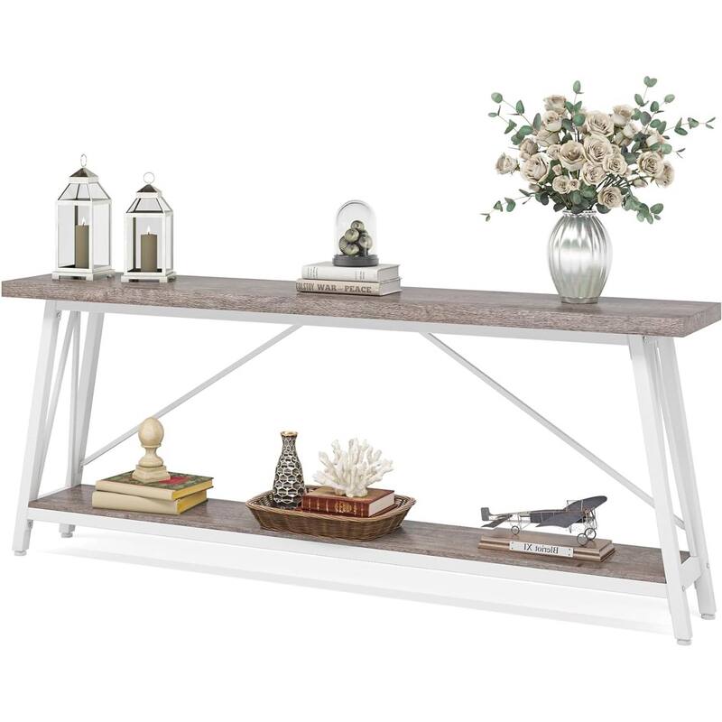 Heavy Duty 70-inch Industrial Brown Wood Top Sofa Table with White Metal Frame - White Grey