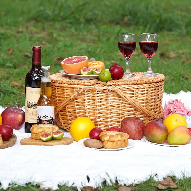 Wicker Picnic Basket with Cooler, Wooden Split Lid Picnic Basket, Vintage-Style Wicker Picnic Hamper with Folding Woven Handle