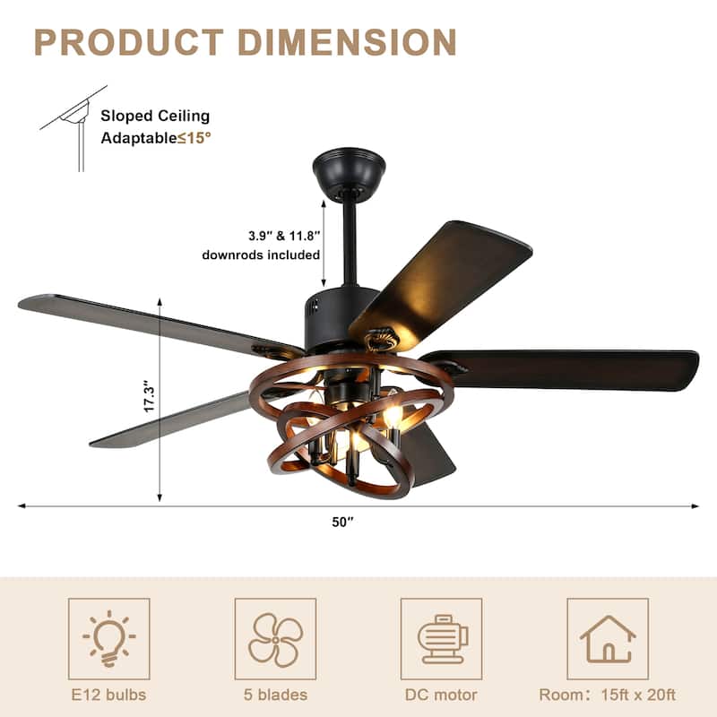 Bella Depot 50" Rustic Caged Ceiling Fan with Light Kit and Remote Control 6-Speed Reversible DC Motor Modern Fandelier
