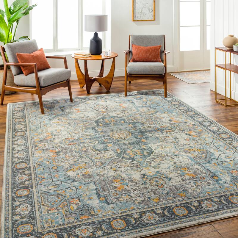 Livabliss Hassler Traditional Medallion Area Rug - Blue/Mustard - 6'7" Round