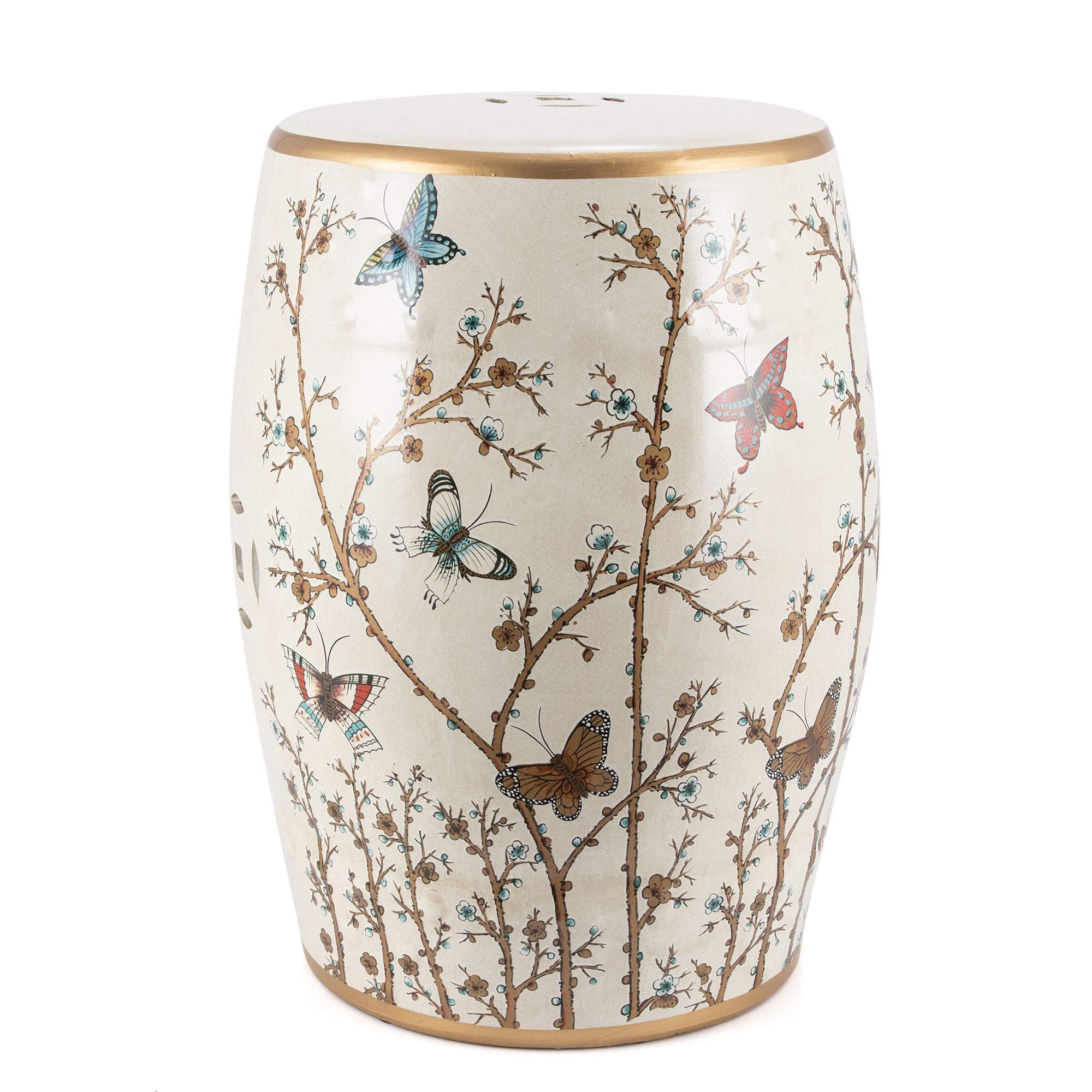 French Vanilla Butterfly Garden Stool Blue Porcelain