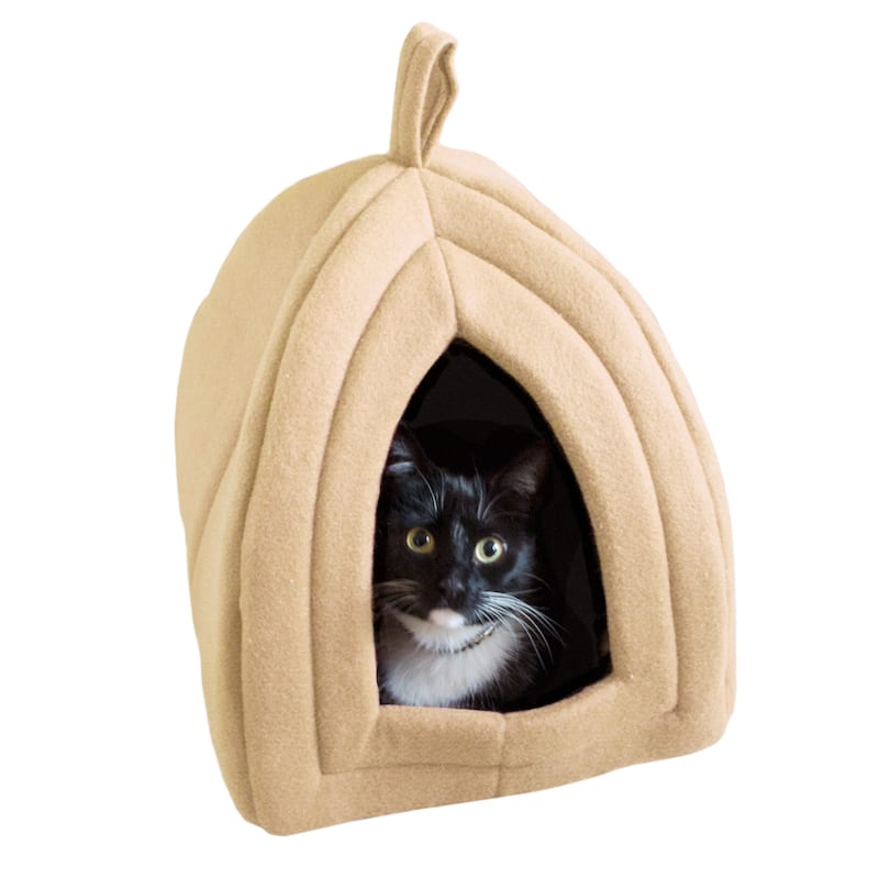 Petmaker Cozy Kitty House Cave Plush Cat Tent Bed with Removable Foam Cushion - Tan