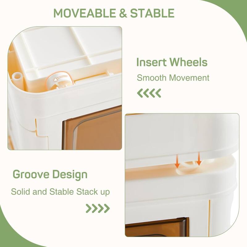 Stackable Plastic Storage Bins with Lids, Foldable with Doors and Wheels, Closet Organizer Boxes for Living Room, Bedroom