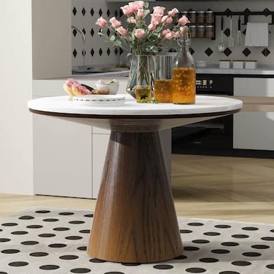Retro Wood Round Minimalist Elegant Dining Table with Frustum Leg