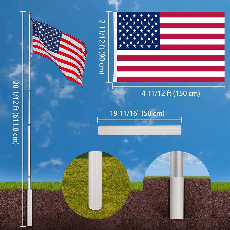 20ft Telescopic Aluminum Flagpole with US Flag Ball