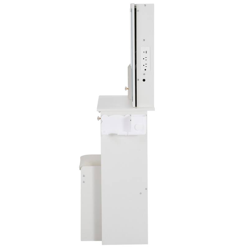 29.2"Small Size Left Drawer Desktop Vanity Table+Cushioned Stool,Hair dryer bracket,Extra Large Touch Control Sliding LED Mirror