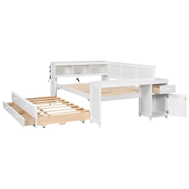 Full Size Daybed with Trundle, Drawers, LED Shelves and Charging Station by Harper&Bright Designs