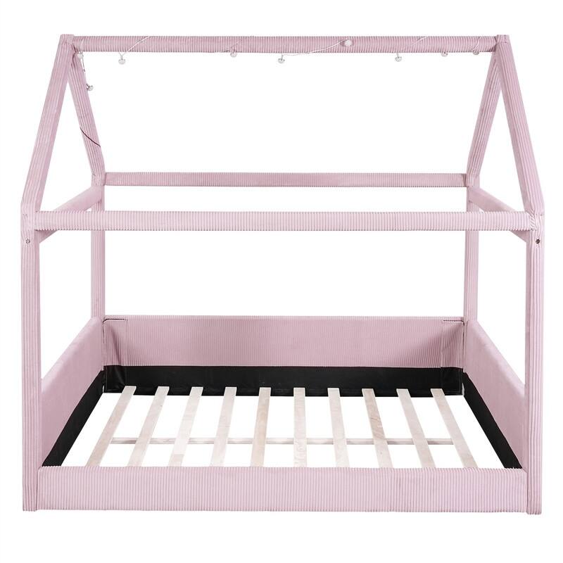 Full Size Upholstered House Daybed with LED Light Strips, Modern House Floor Bed Montessori Bed with Roof Design for Kids