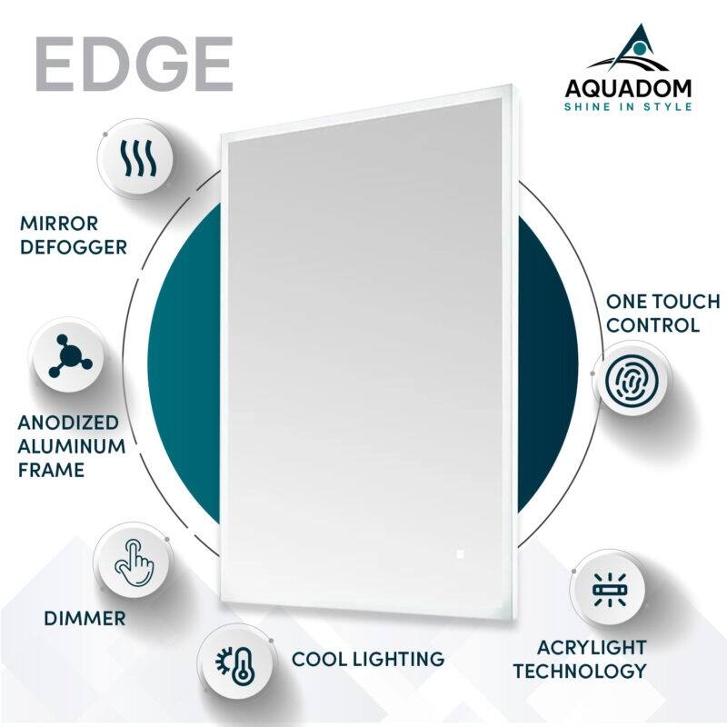 AQUADOM Edge 20" Led Lighted Mirror for Bathroom with Defogger, Touch Control. - 20"x32"x1.5"