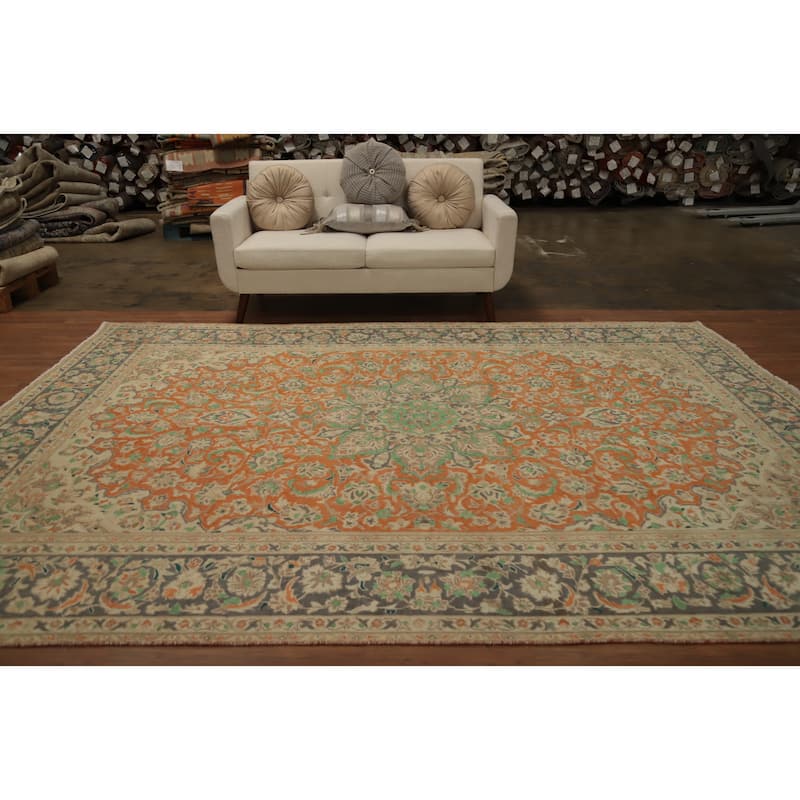 Hand Knotted Oriental 100% Wool Carpet Traditional Floral Oranges & Rust Tabriz Area Rug - 11' 1'' X 8' 1''