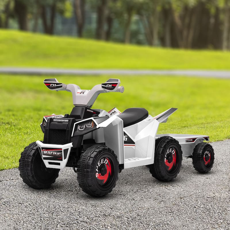Electric ATV Ride On Car with Cargo Trailer, Battery Powered Electric Car with Wear-Resistant Wheels - White