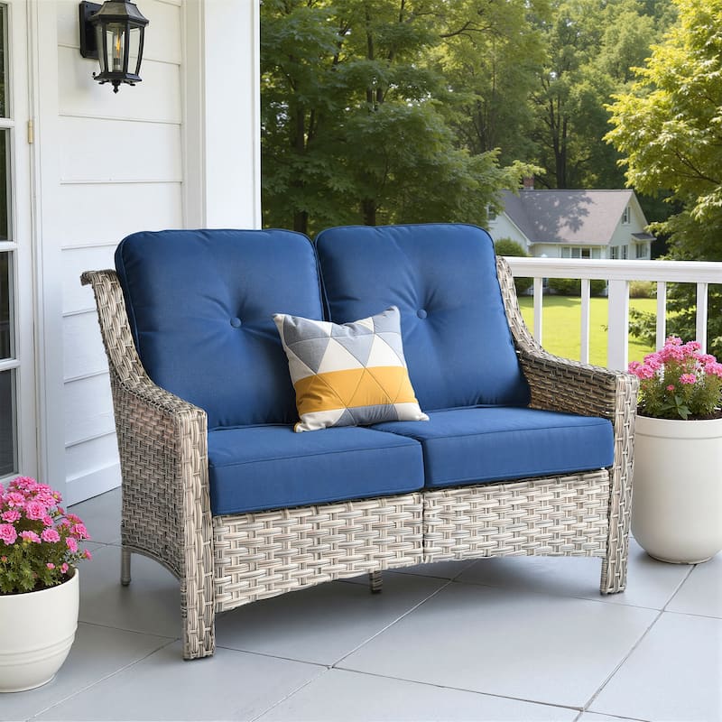 XIZZI Patio Wicker Loveseat with Cushions Outdoor 2-Seater Sofa for Patio, Deck, or Backyard - Navy Blue