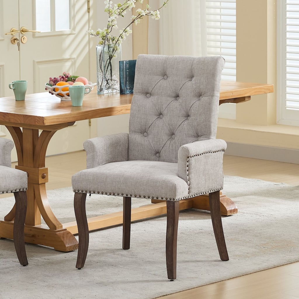 Modern Upholstered Chenille Fabric Dining Chair with Curved Solid Wood Legs and Diamond Tufted Button Back, for Dining Room