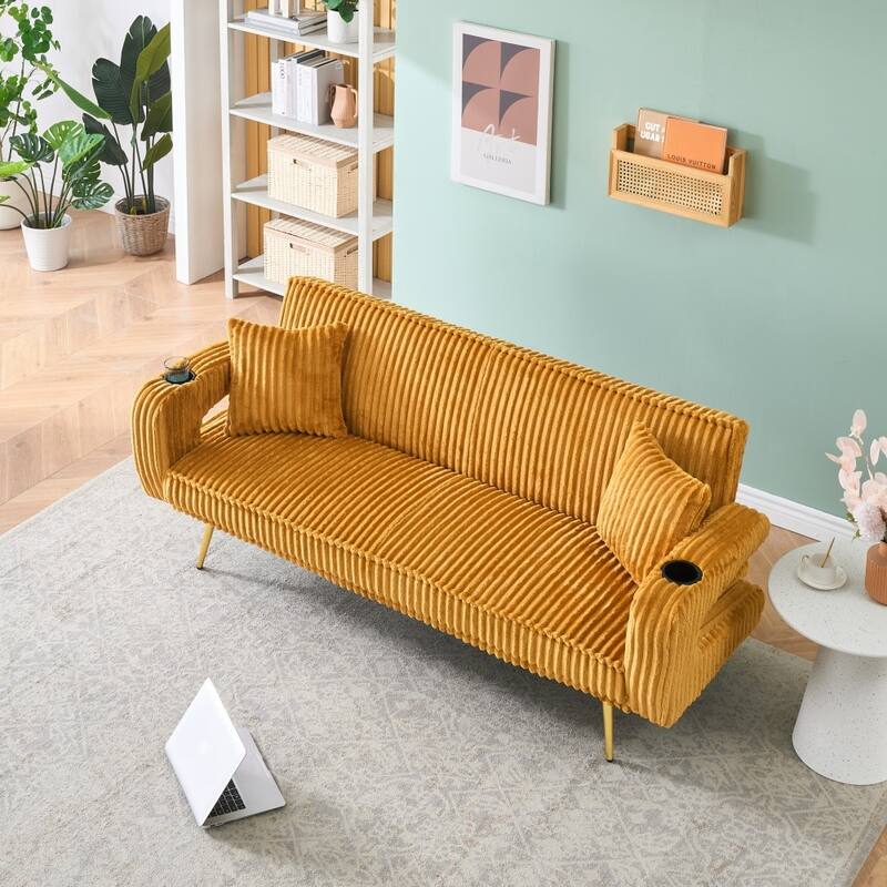 74.01" Straight Corduroy Sofa Bed with Pillows and Adjustable in Three Levels - Orange