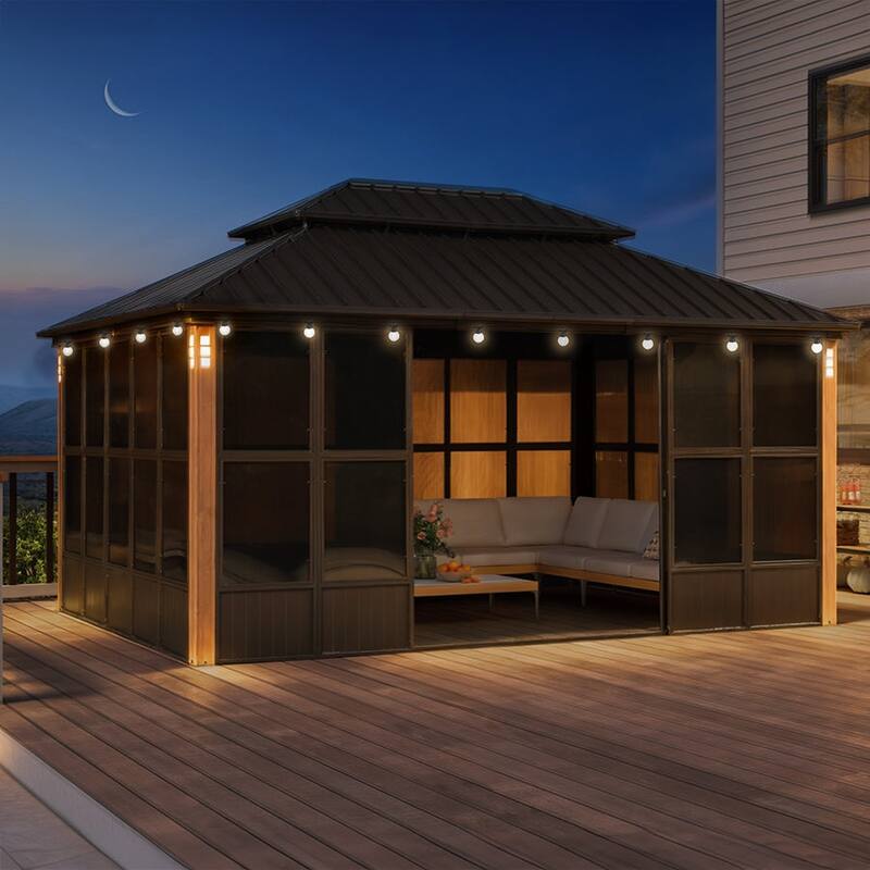 PURPLE LEAF Double Top Outdoor Sunroom All-Weather Screen House Patio Hardtop Gazebo