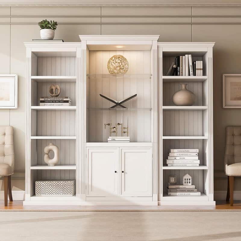 78.75" Tall 3-Piece Bookcase Set with Adjustable 5-Color LED Light, Retro Glass Display Shelves for Living Room or Office - White