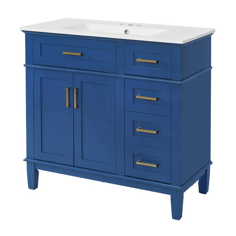 36" Blue Modern Bathroom Vanity with Ceramic Sink, Soft Close Doors, 4 Drawers for Storage, Elegant Design for Small Bathrooms