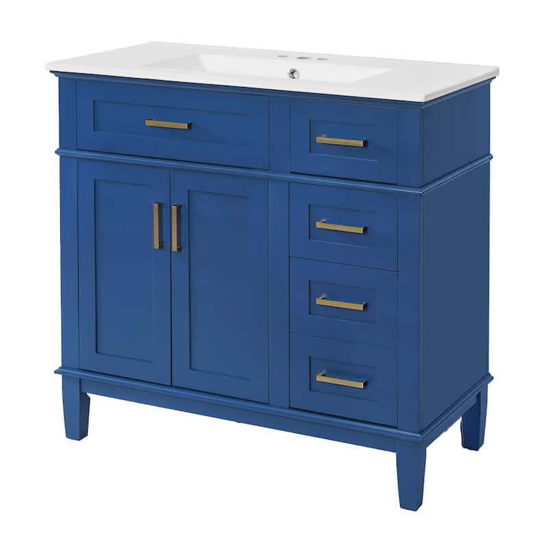 GDFStudio - Elysia Wood & Ceramic 36" Bathroom Vanity with Sink, Soft-Close Doors & 4 Drawers