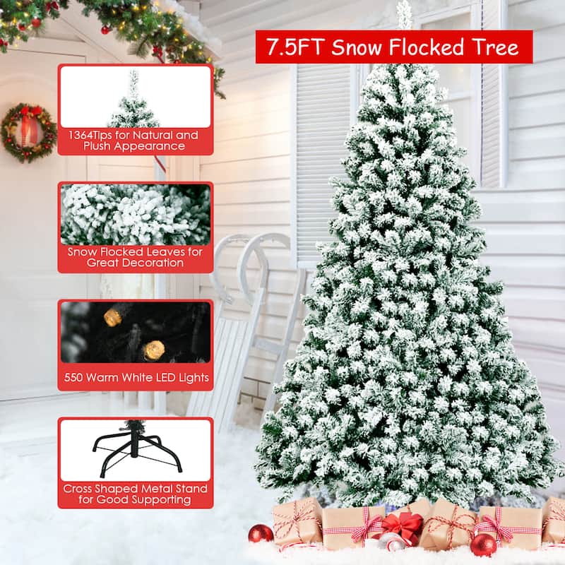 Gymax 7.5ft Prelit Snow Flocked Christmas Tree Hinged Pine Tree - See Details