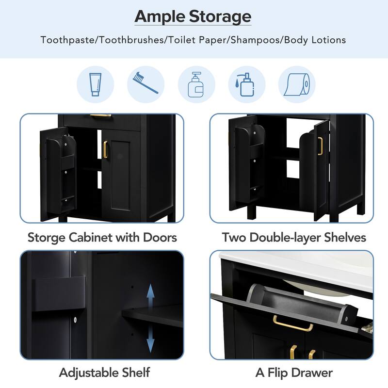 Luxurious 24-Inch Bathroom Vanity with Undermount Ceramic Sink, MDF Cabinet, Golden Handles & Adjustable Shelf