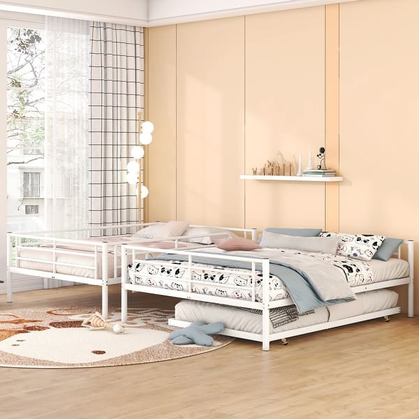 slide 2 of 16, Industrial Modern Full XL over Queen Metal Bunk Bed with Trundle, Save Space or Split Into 2 Beds, Crafted For Safety, White White