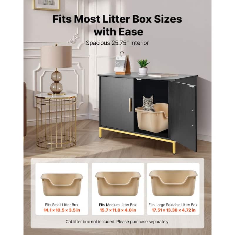 Black Cat Litter Box Cabinet with Enclosed Odor-Blocking Design Spacious Interior and Metal Legs - 27.56 x 17.72 x 21.46 in