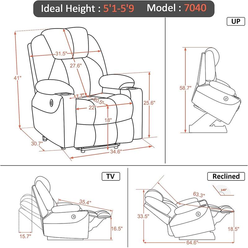 MCombo Electric Power Lift Recliner Chair Sofa with Massage and Heat, 3 Positions, USB Ports, Fabric 7040