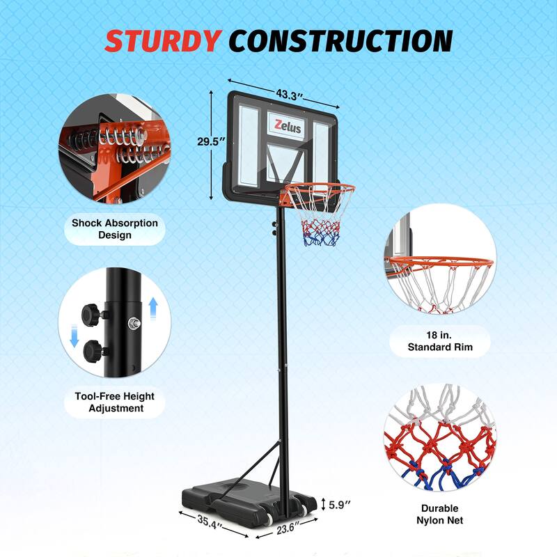Zelus 4.4-10 ft. Adjustable Heights Portable Outdoor Basketball Hoop