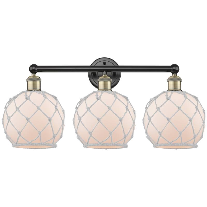 Innovations Lighting Endless Possibilities Edison - Farmhouse Rope - 3 Light 26" Bath Vanity Light - White Glass with White Rope/Black Antique Brass