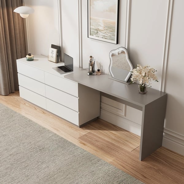 Modern Home Office Expandable Dresser Desk Combo with 6 Drawers for Home and Office - Beige