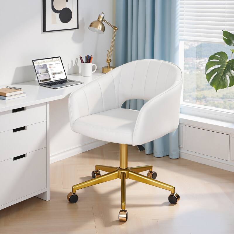 VECELO White Velvet Swivel Accent Chair with Adjustable Height Gold Base 360° Swivel Armchair for Living Room Bedroom Office
