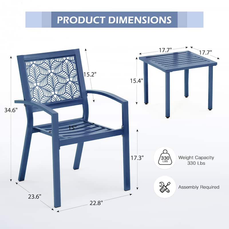 Outdoor Patio Set, Weatherproof Iron Bistro Table & Chairs, Floral Back Design, Space-Saving（Green/ Blue/ Yellow/ Black）