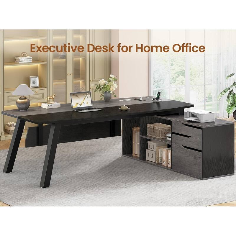 71" Executive Desk File Cabinet L Shaped Computer Desk Shelves