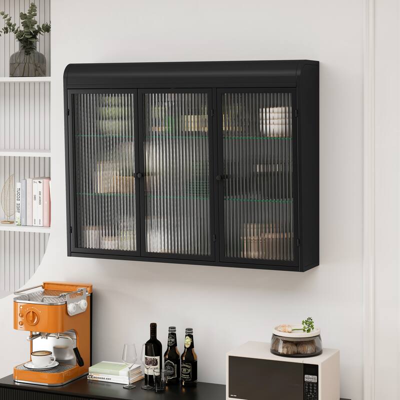 3 Door Arched Wall Mounted Glass Cabinets - Black