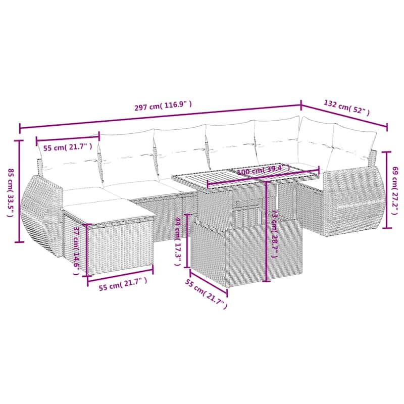 vidaXL Patio Sofa Set with Cushions Outdoor Furniture 8 Piece Poly Rattan - 24.4 x 24.4 x 27.2