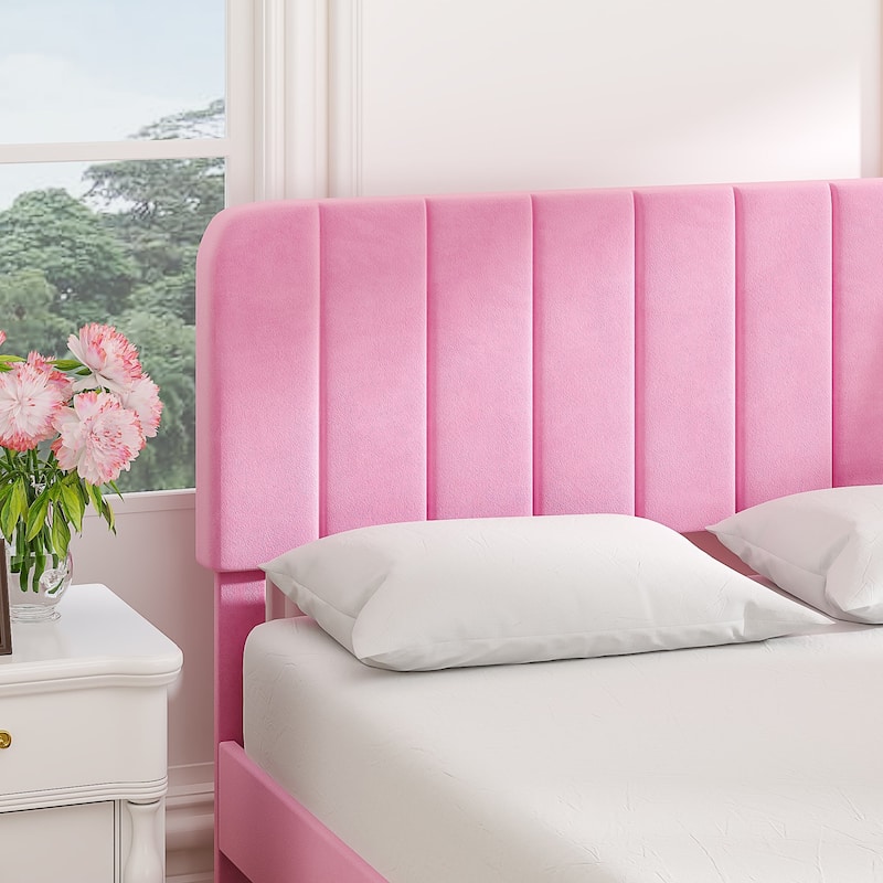 VECELO Velvet Upholstered Bed Frame with Vertical Channel Tufted Headboard, Adjustable Headboard, Wooden Slats Support