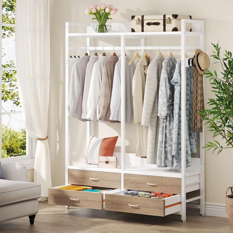 Freestanding Closet Organizer, Clothing Rack with 4 Drawers, 8 Hooks and Storage Shelves - Grey