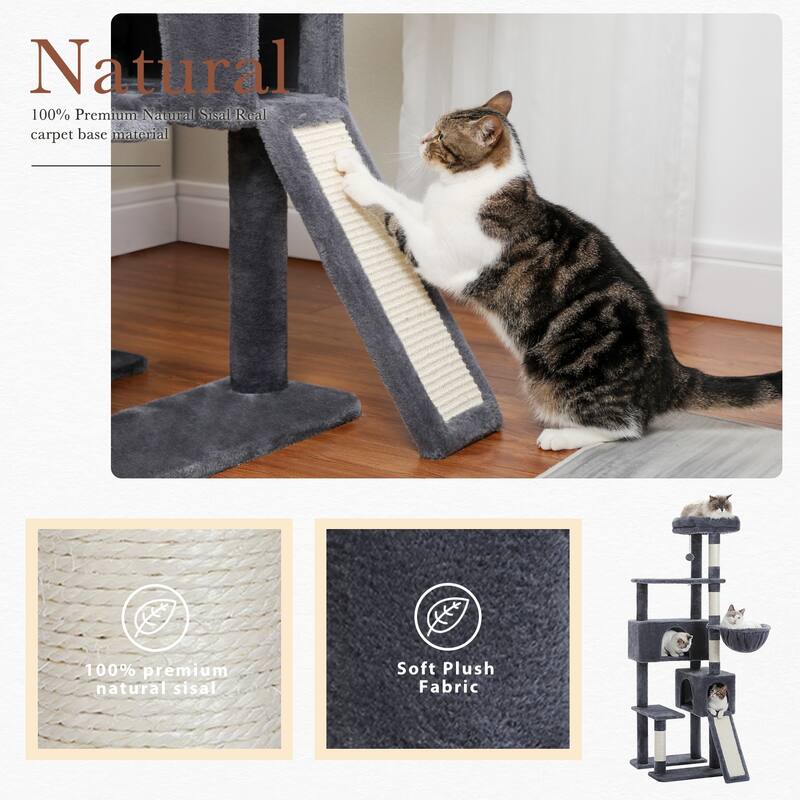 61" Indoor Large Cat Tree Cat Tower with Ladder and Dual Condos