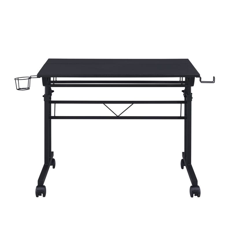 Adjustable Rolling Desk with Dual Surfaces, Carbon Fiber-Like Texture, Locking Wheels, and Integrated Storage for Home Office