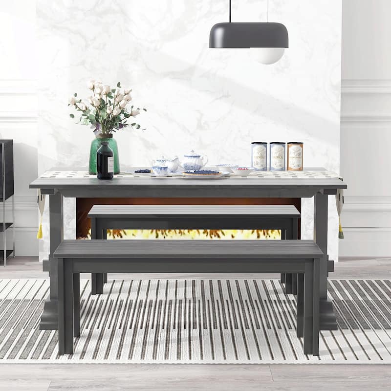3-Piece Retro Dining Set - Rectangular Trestle Table with 2 Benches