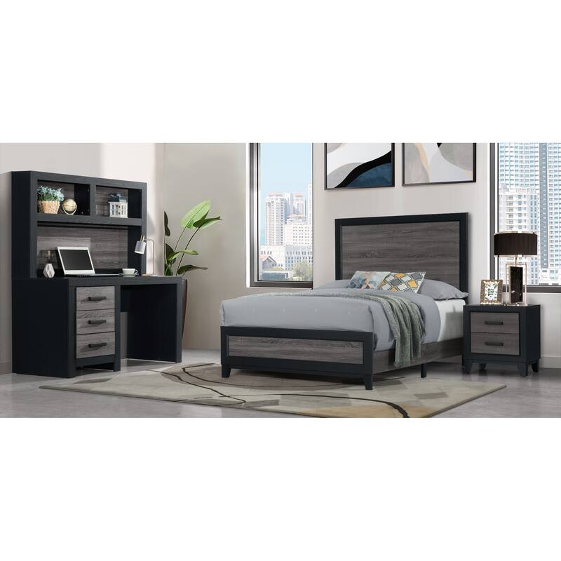 Twin Size Solid Wood Panel Bed with Two-Tone Panel Design and Wood Slats
