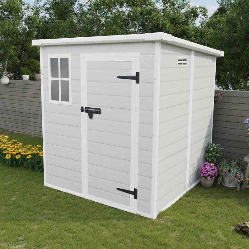 6x6 FT Storage Shed, Waterproof Resin Outdoor Storage Shed with Floor & Window & Lockable Doors and Vents, Tool Shed