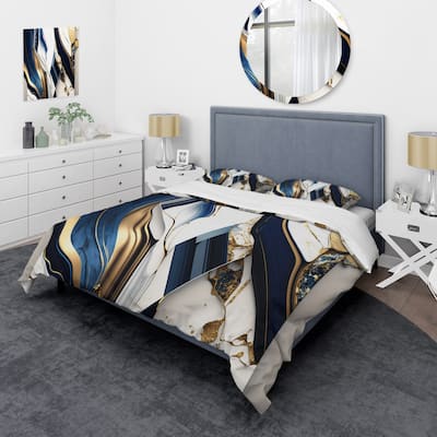 Designart "Abstract Geode Geometric Blue V" Blue Modern - Bedding Cover Set With Shams