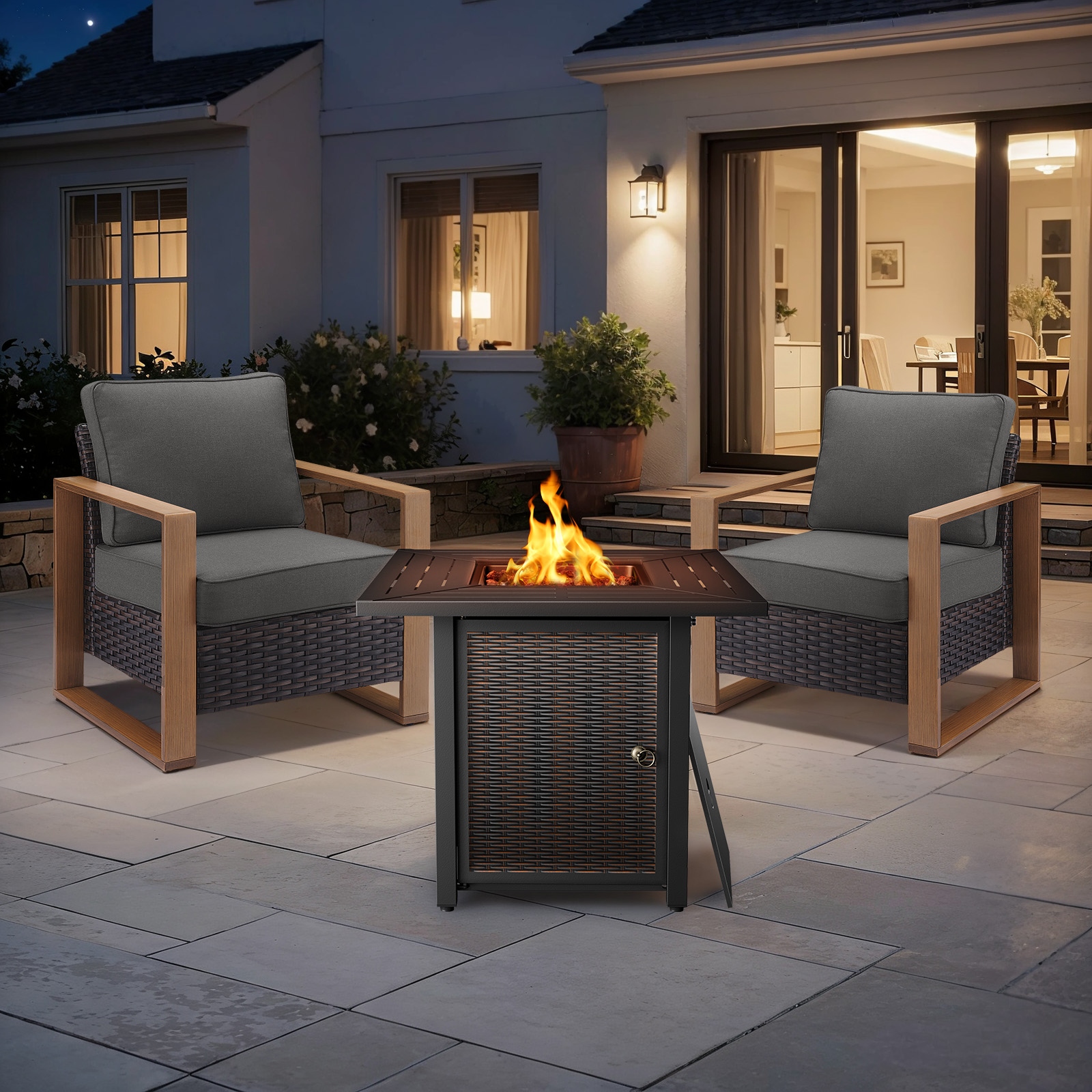 Meyreso 3-Piece Wicker Patio Conversation Set with Metal Fire Pit & Plush 4.5" Olefin Cushions - Brown Wicker - Gray Cushions