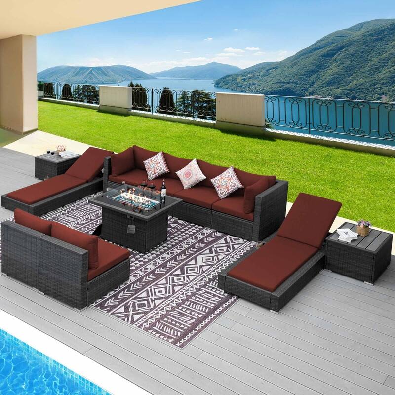 FINCATI Outdoor High-back Wicker Patio Sectional Set, 500 lbs Luxury Oversized Conversation Set, Spacious Couch Set - 240122 - Burgundy