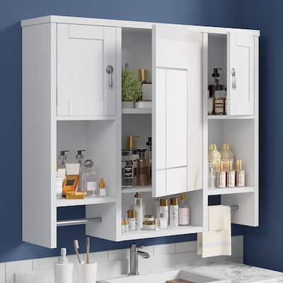 VECELO Bathroom Medicine Mirror Cabinet Wall Mounted Bathroom Storage Adjustable Shelf with 2 Towel Bars & Silver Hardware