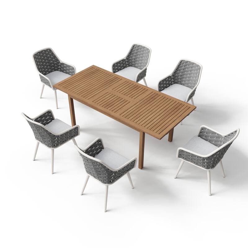 Outdoor Extendable Acacia Dining Set with 6 Rope-Back Chairs