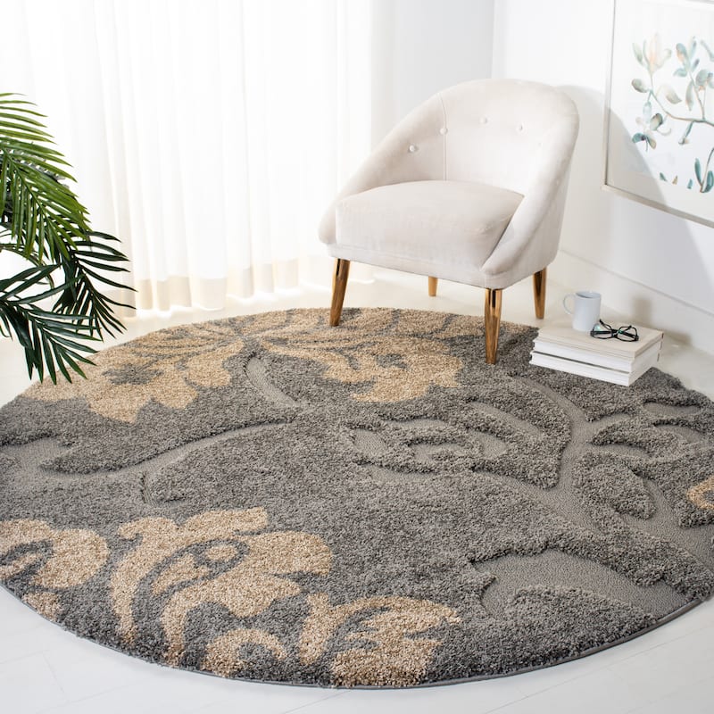 SAFAVIEH Florida Shag Kristrin Floral 1.2-inch Thick Rug - 4' Round - Grey/Beige