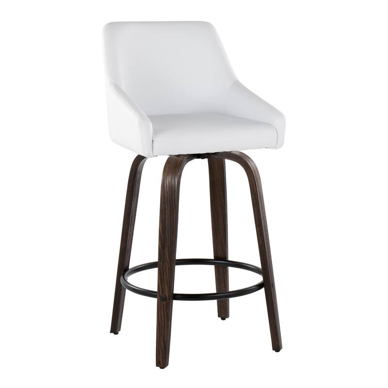 The Gray Barn Hadley 26" Fixed-Height Upholstered Counter Stool with Bent Wood Legs & Round Footrest (Set of 2) - White Faux Leather/Glazed Walnut/Black Metal